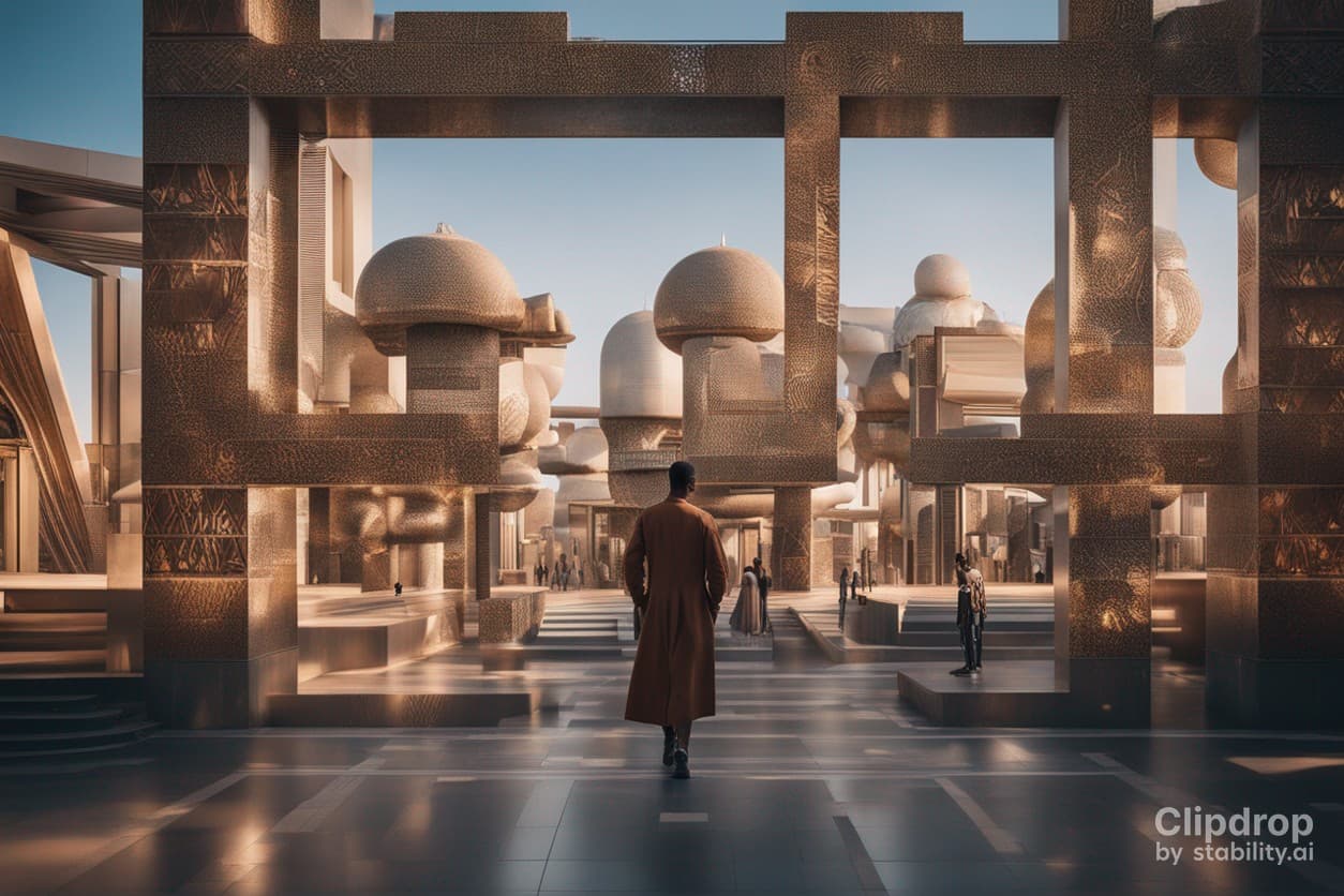 AI generated: cité moderne et futuriste avec des motifs africains sur les murs