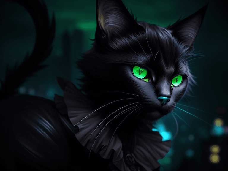 AI generated: steampunk black cat, green eyes, night, neon city, vibrant blue colors, UHD, HDR, 8K, (Masterpiece:1...