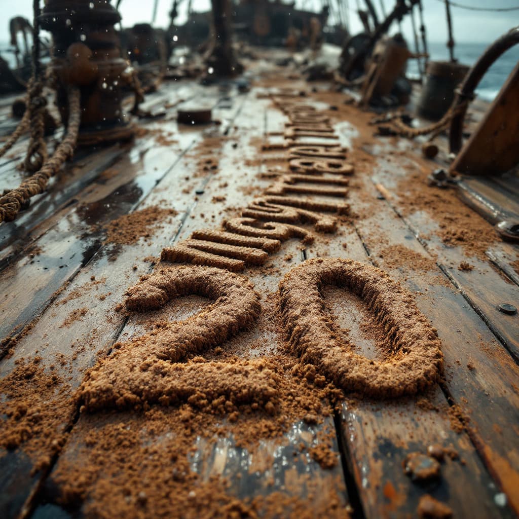 AI generated: 20.	"Migration" in windblown sand letters, across an old ship's deck with ocean spray in the air