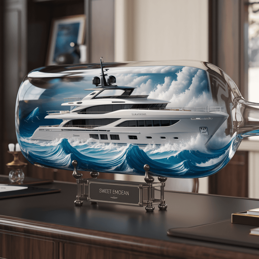 AI generated: A realistic ship in a bottle, featuring a ((2005 68 foot Lazarra ((enclosed)) fly bridge)) luxury su...