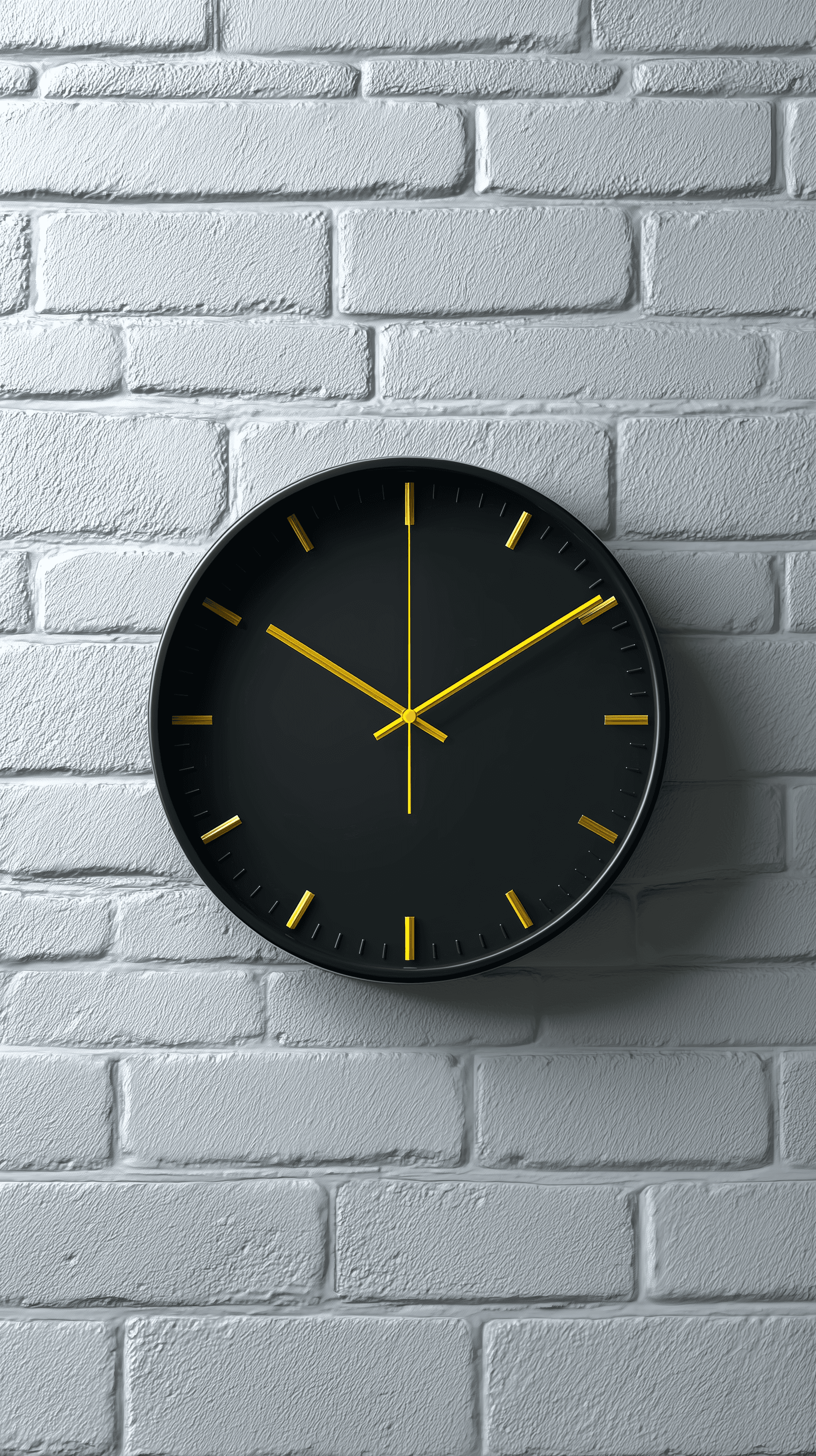 AI generated: minimal analog black clock base with yellow color the hands of a clock, isolated on matte white bric...