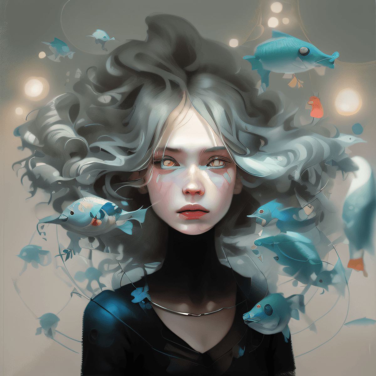 AI generated: painting of a woman with a lot of fish in her hair, james jean and wlop, loish |, artgerm and james ...