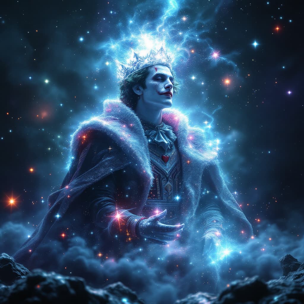 AI generated: The Joker of Hearts card transforms into a 3D hologram that appears to be made of cosmic energy. As ...