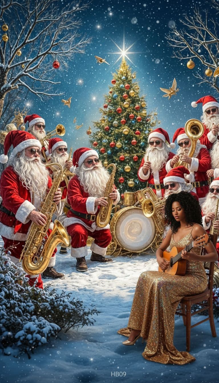 AI generated: In concert with Santa Clauses.
With the discreet and very small watermark "HB09" at the bottom of t...