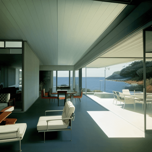 AI generated: Hyper realistic eye level exterior photo of a mid century modern style house overlooking the ocean, ...