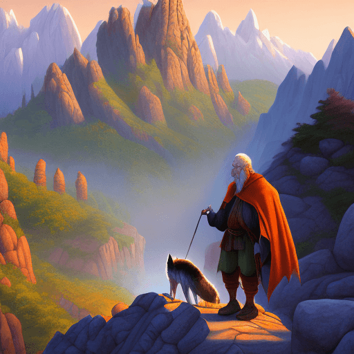 AI generated: a wise old wizard and his wolf walk along a rocky path, in the background is a giant mountain, vibra...