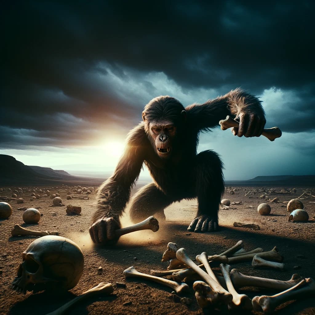 AI generated: A still from a film depicting an ape-like figure striking a bone against the ground amid a desert la...