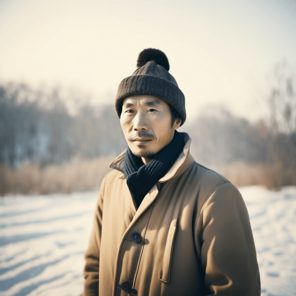 AI generated: A serene portrait of a Han Chinese engineer in winter, gazing into the camera with soft daylight, an...