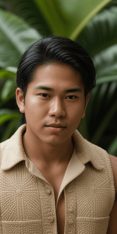 AI generated: hawaiian native, man, young, Face Closeup, mature, looking at viewer, wearing vest, portrait, photog...