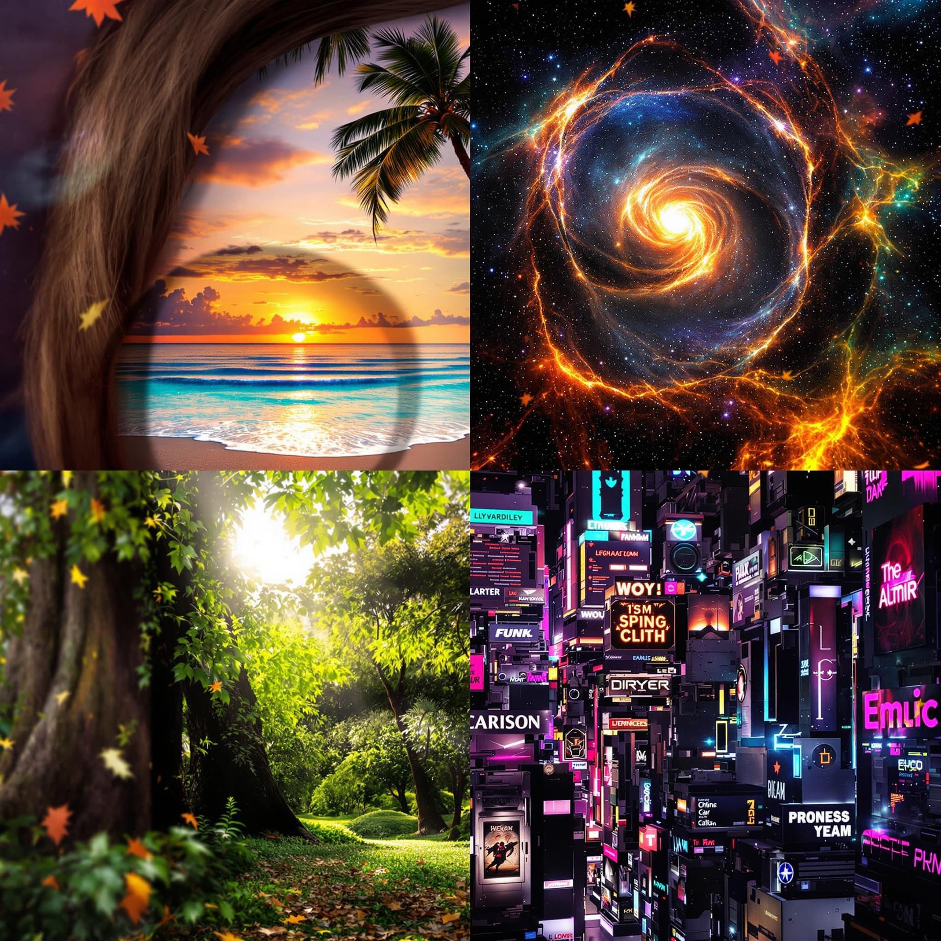 AI generated: "Face portrait collage of four different scenes. The top left shows a serene beach sunset with palm ...