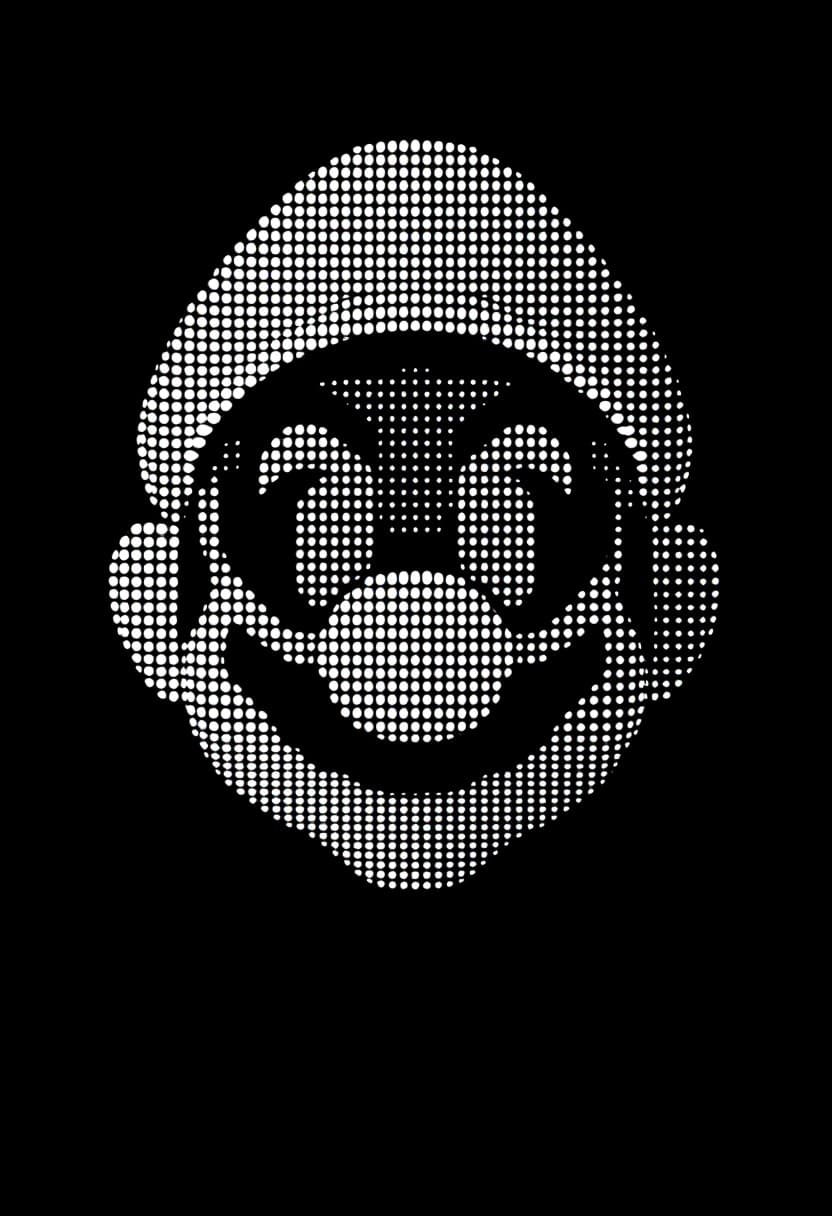 AI generated: a simple white dotted dots forming the 3D shape of Super Mario's face ,not frontal, 3D design, vecto...