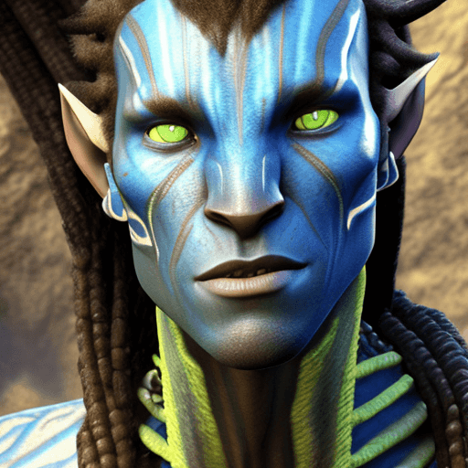 AI generated: Male omaticaya Na'vi from James Cameron's avatar movie, blue skin, adult, Avatar 2009