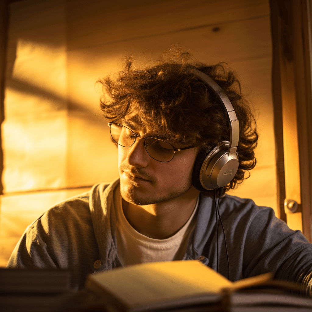 AI generated: 25 year old man with headphones, lost in a book. Curly hair. Glasses perched on his nose. Cozy bedro...