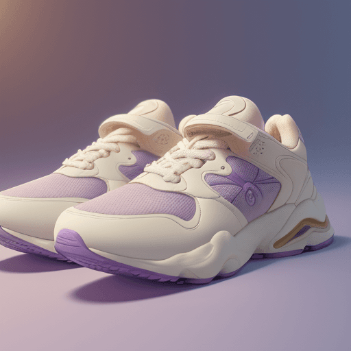 AI generated: Running sneakers in cream color palette, elegant, luxurious, fluffy purple cloud shapes in backgroun...