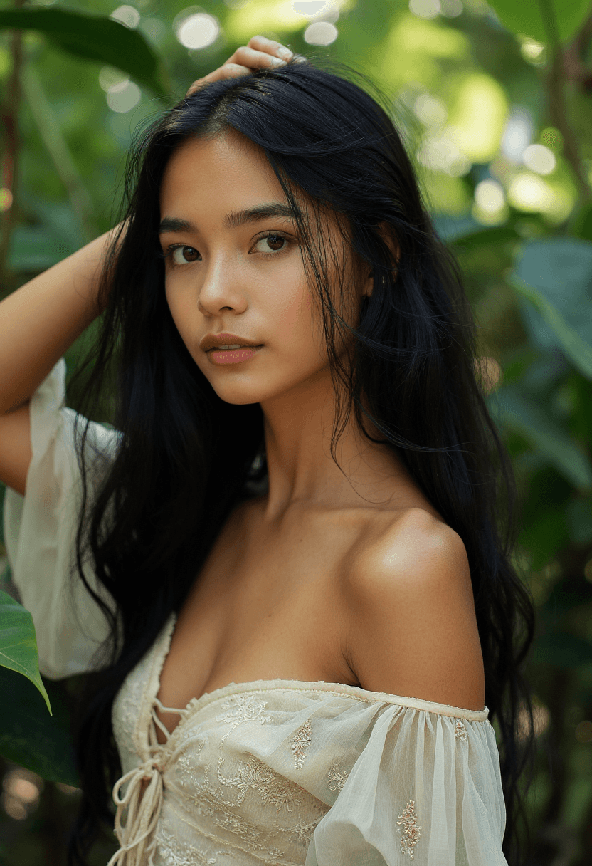 AI generated: A stunning young woman stands poised in a lush, tropical paradise â the vibrant colors and delicat...