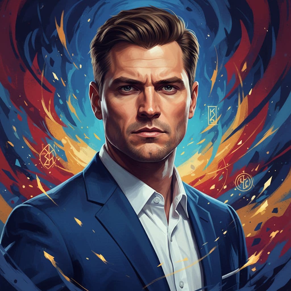 AI generated: A portrait of a man, close up , dark blond hair, big nose, clean shaven , face details, serious, wea...