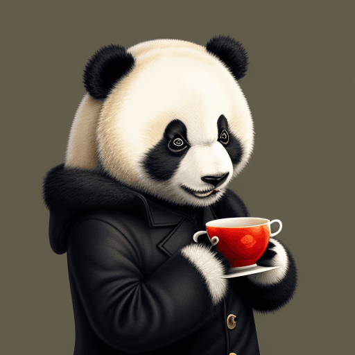 AI generated: Panda, in a coat,  drinking tea