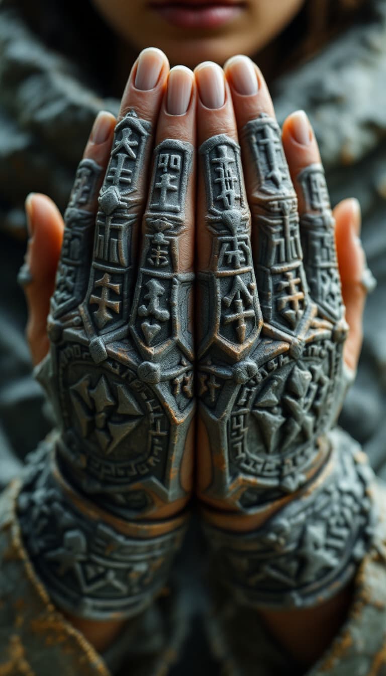 AI generated: A powerful, close-up view of a woman’s hands transforming into a pair of intricately sculpted, stone...