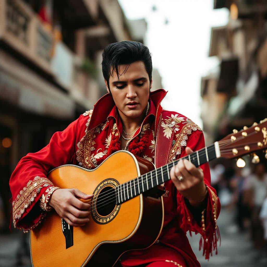 AI generated: Elvis Presley in wearing a red Philippine native barong Tagalog playing his guitar