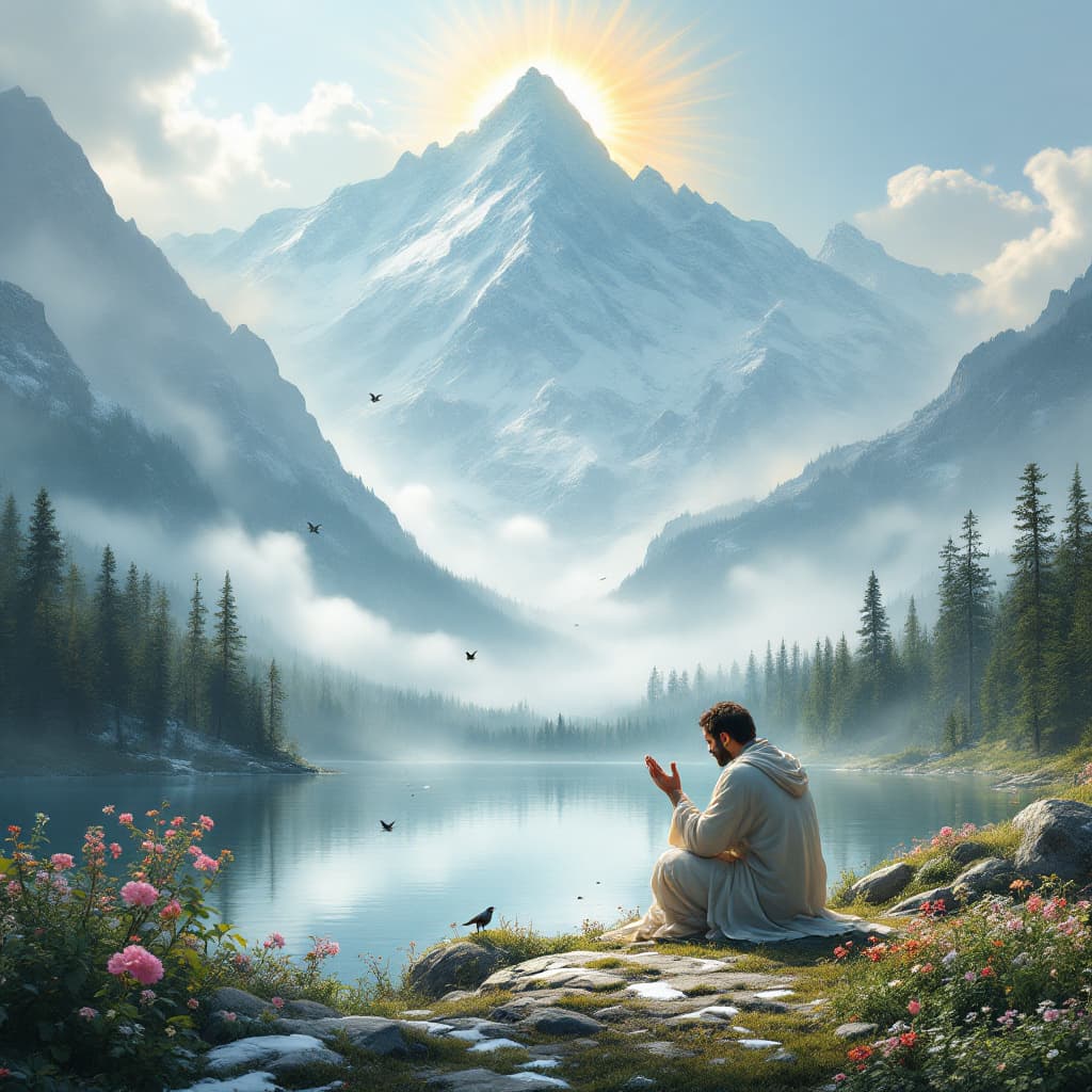 AI generated: snowy mountain white lake foggy green trees ,a god raising his hand bless a man ,the man sit on knee...