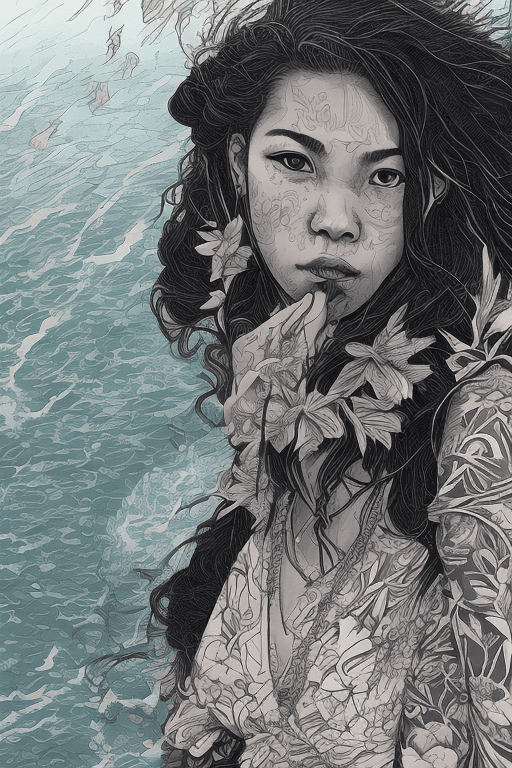 AI generated: A portrait of a hawaiian girl, beach, dawn, traditional outfit| centered| intricate| highly detailed...