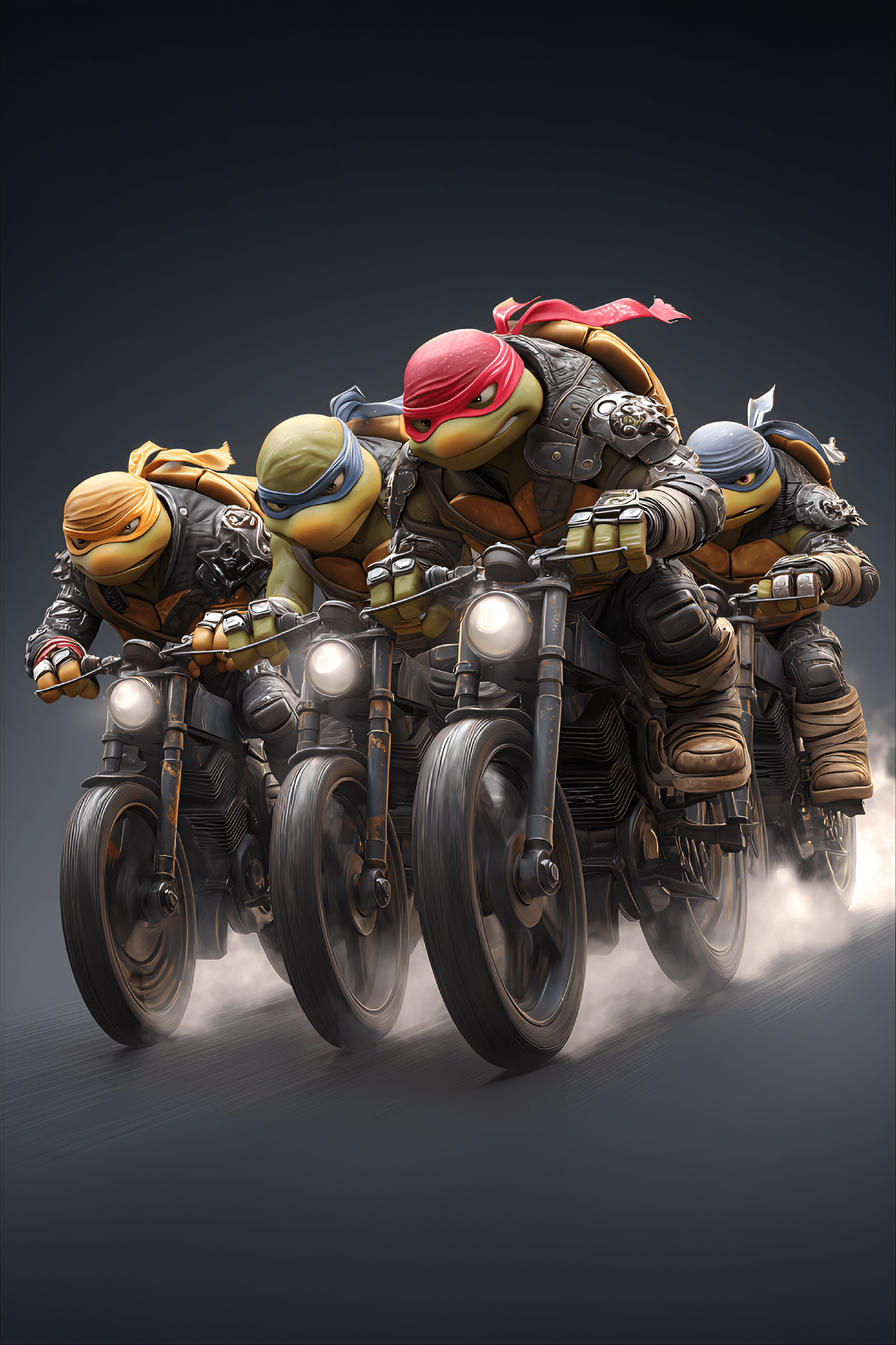 AI generated: Four Teenage Mutant Ninja Turtles, stylized as cartoon characters, are depicted riding motorcycles i...