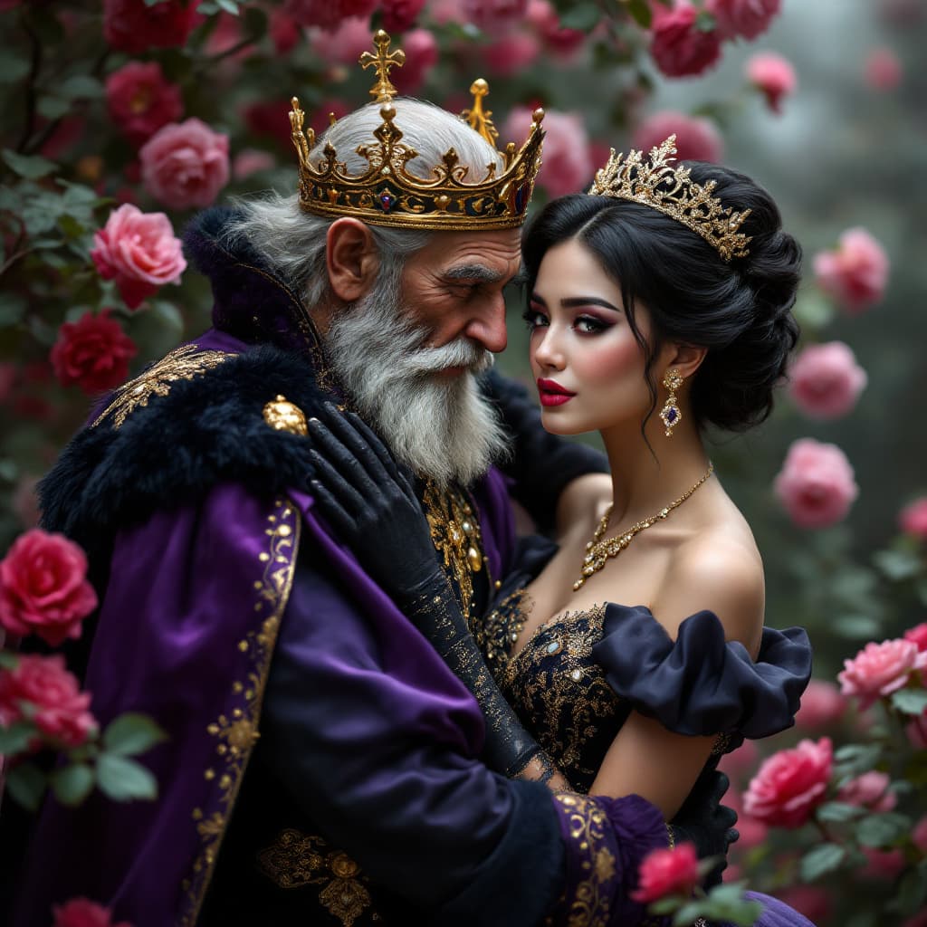 AI generated: a beautiful disgusted wicked asian Cinderella hesitantly embracing an old pompous struggling clumsy ...