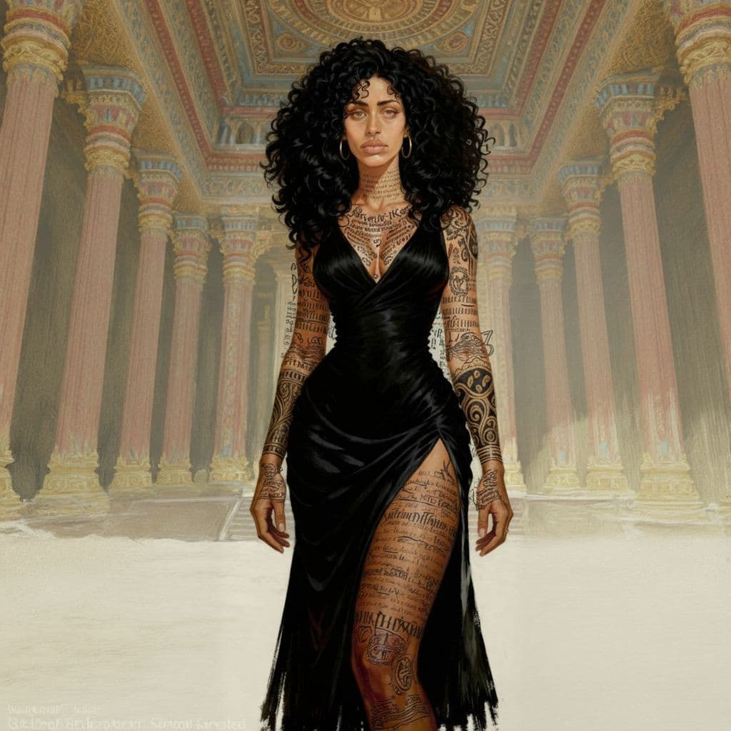 AI generated: there are currently tattoos still extending outside of her arms/body in general. Fix this please.