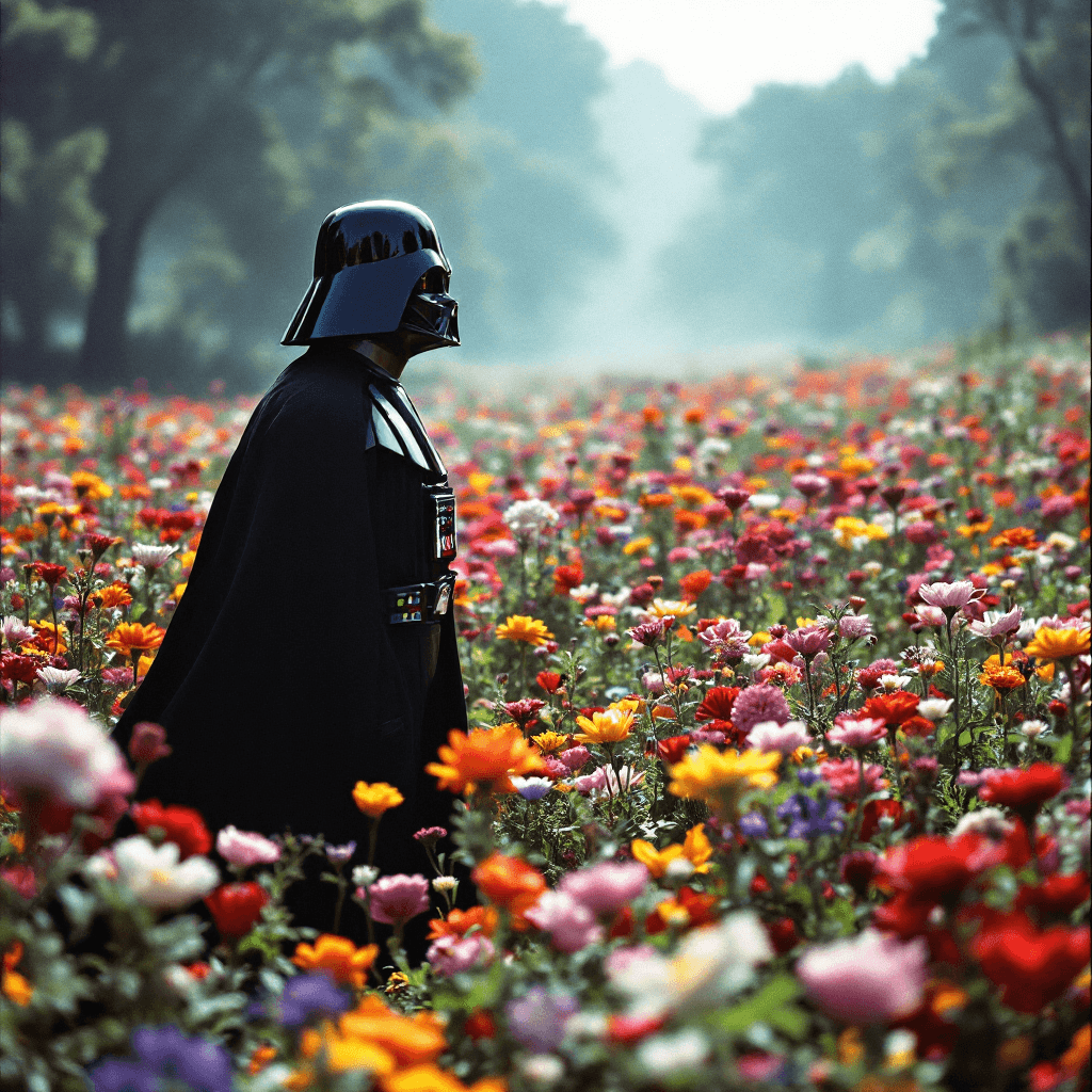 AI generated: Darth vader in a beautiful field of flowers, colorful flowers everywhere, perfect lighting, leica su...