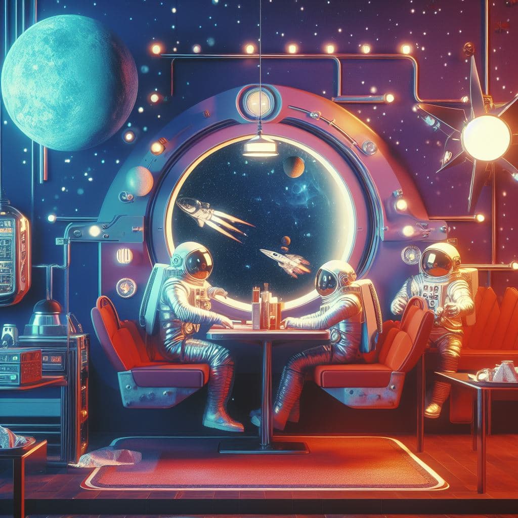 AI generated: A diner in space,Retroscifi, dynamic lights, 1950's style