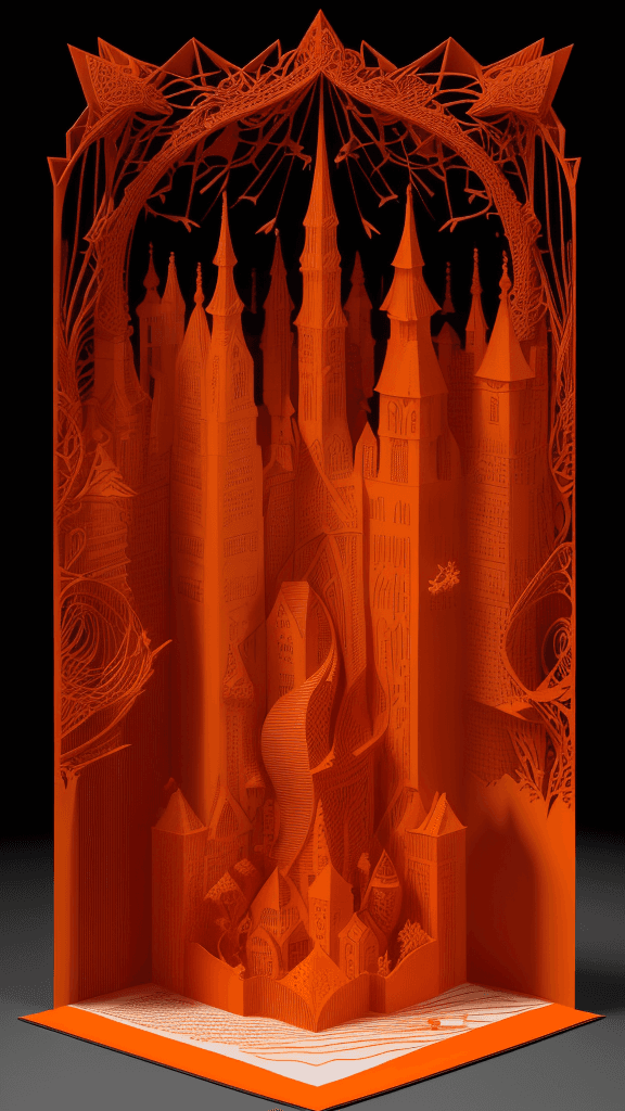 AI generated: a mesmerizing orange-red, & yellow-orange open book 3D paper cut art that defies the boundaries of i...