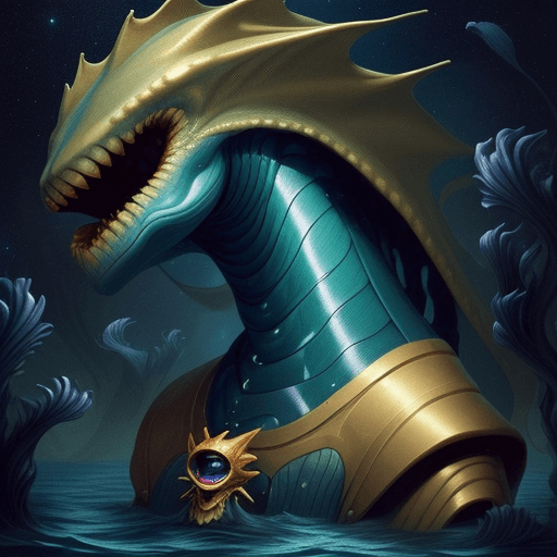 AI generated: a deep-sea monster with an anthropomorphic, golden iris whose head width is one-third of the shoulde...