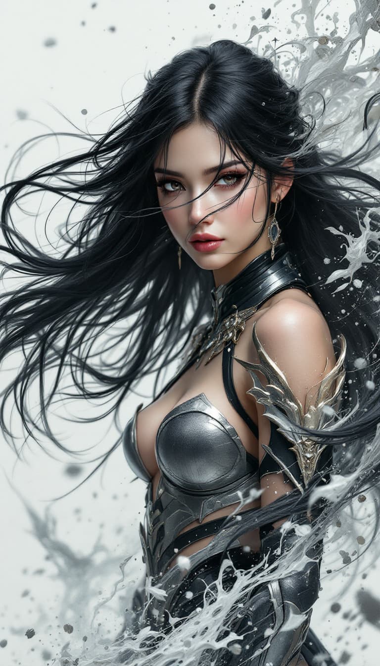 AI generated: 1 woman, glaive, long, voluminous hair, coal black hair, white background, solo, looking at viewer, ...