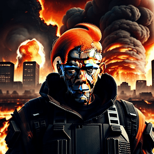 AI generated: Obamanheimer, destroyer of worlds, red and orange tint in the hair, fire and destruction upon a city...