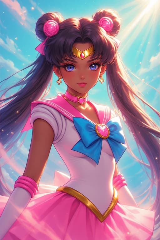 AI generated: A beautiful black gorgeous girl dressed as sailor moon in a pink and blue cosplay outfit, glow, god ...