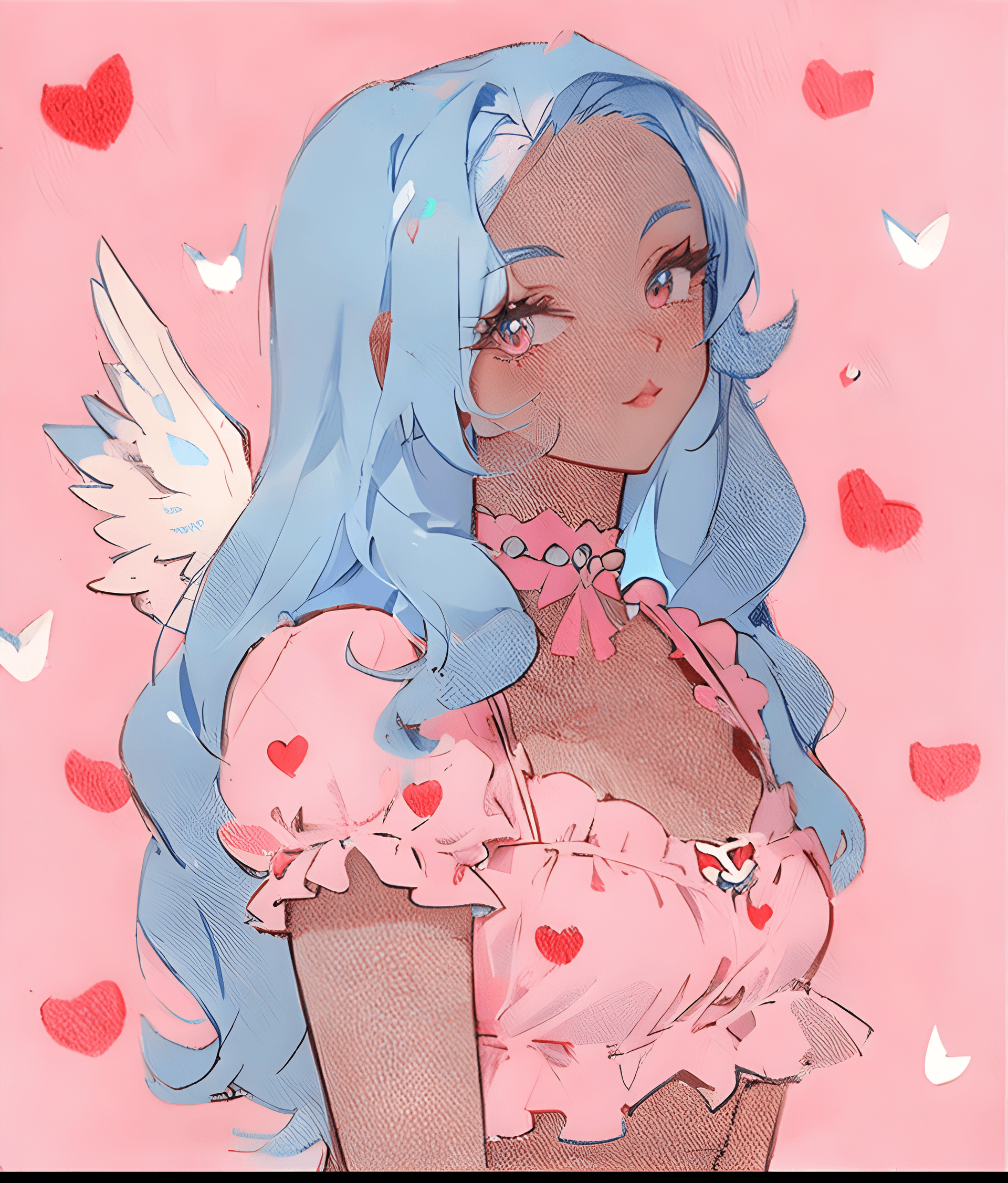 AI generated: a drawing of a woman with blue hair and angel wings, inspired by Victor Mosquera, tumblr, red hearts...