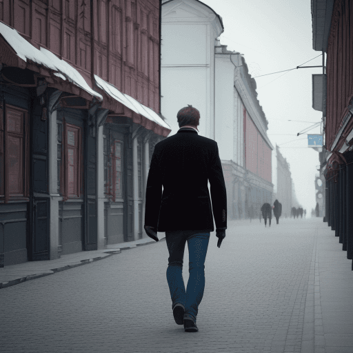 AI generated: 12K, HRD, film grain, 100 ASA, The image features a man walking down a Nizhniy Novgorod street, in t...