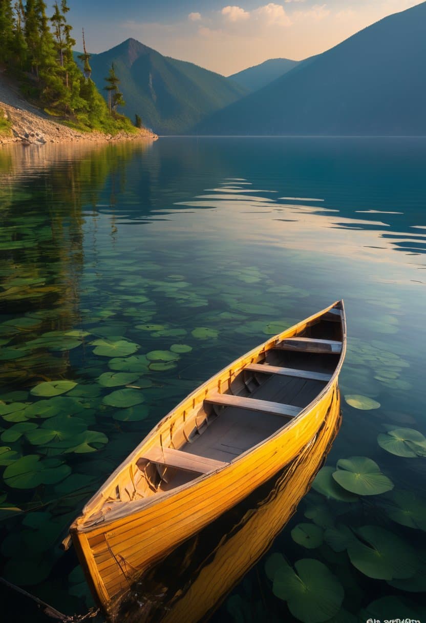 AI generated: A serene, picturesque landscape reveals a (baikal lake:1.3), The crystal-clear waters reflect the ma...