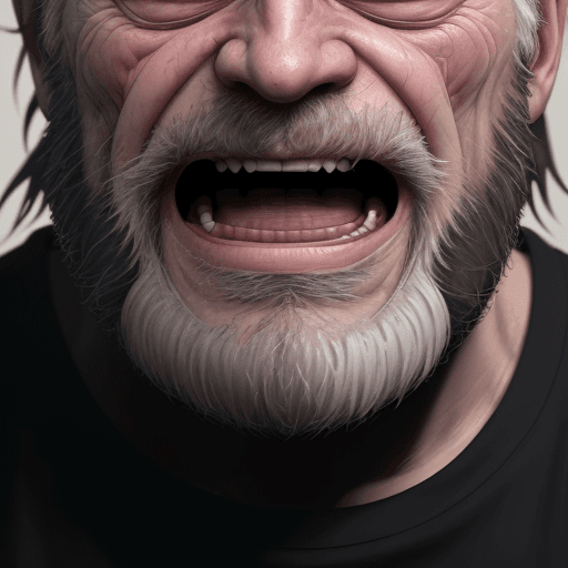 AI generated: an old man screams in pain, his face is almost reduced. He is wearing a black shirt and has a long b...