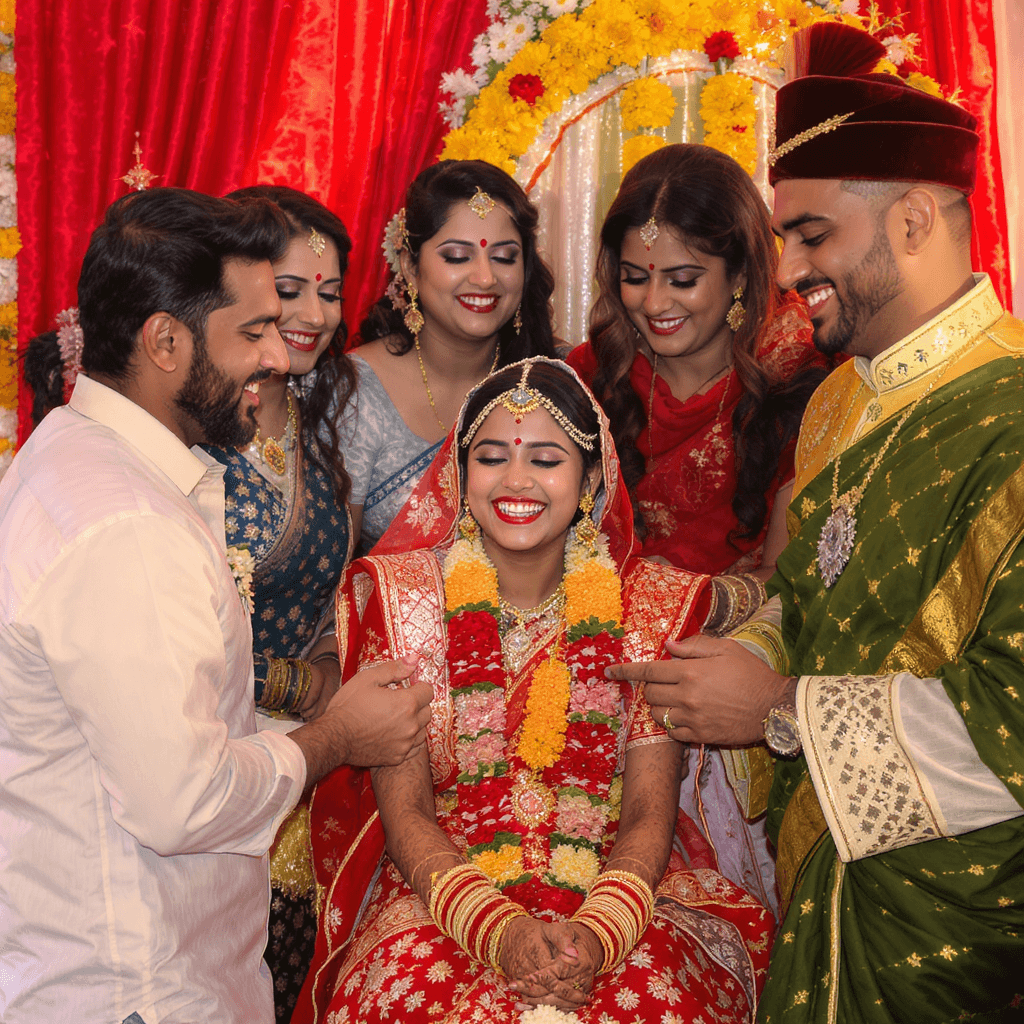 AI generated: A laughing girl in the marriage function with her friends around the many religions people 