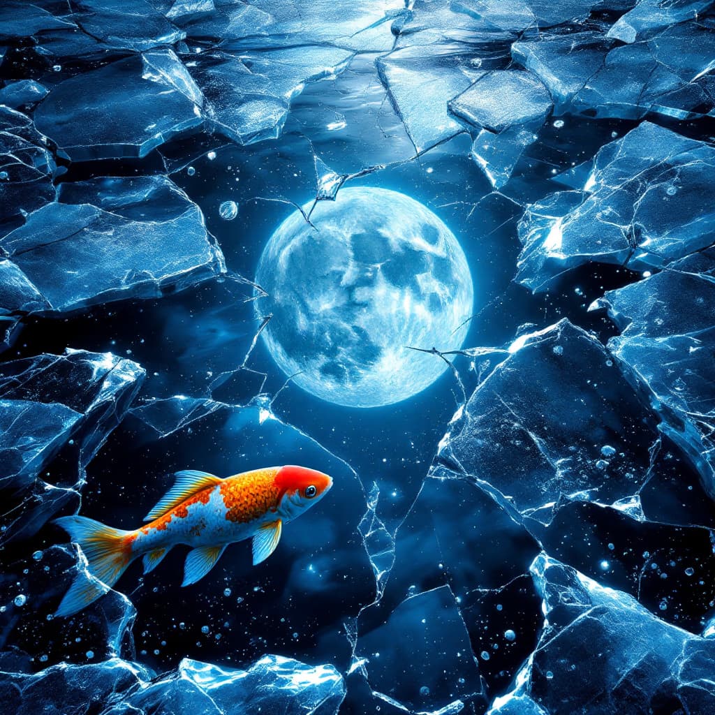 AI generated: looking straight  down on a highly reflective ice on lake which greatly fractured showing the full m...
