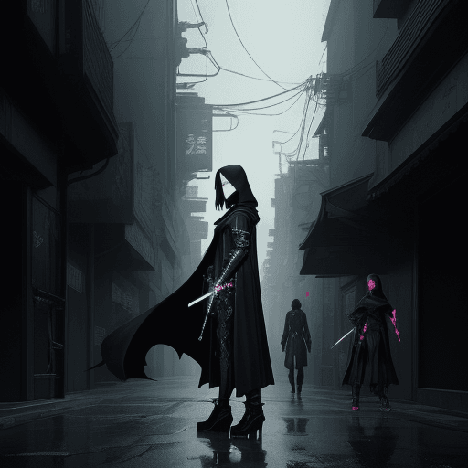 AI generated: a woman in a black cloak with a sword standing on the street, in the style of cyberpunk manga, asian...