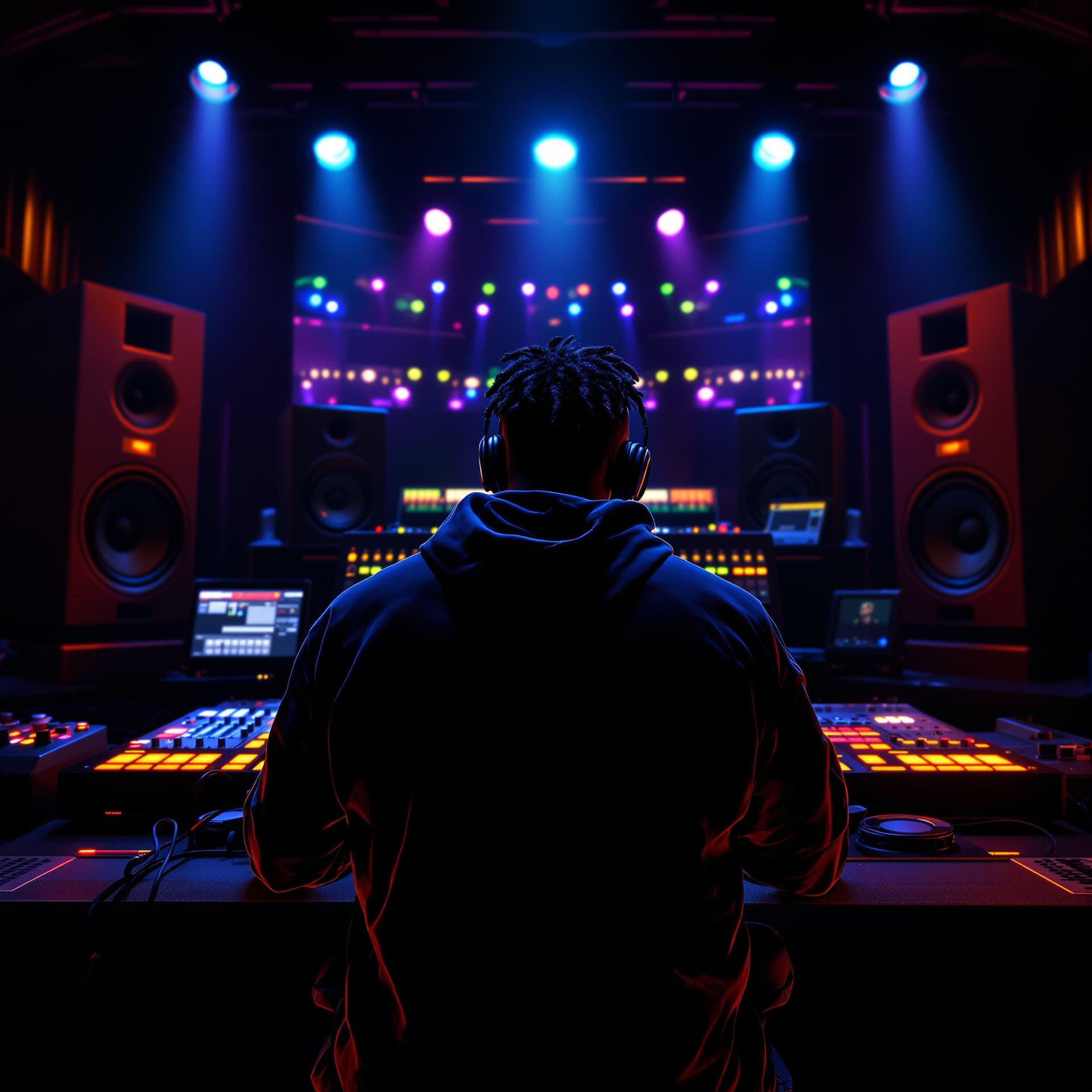 AI generated: back of a black man in hip hop urban gear as he is mixing music sitting at a huge production console...