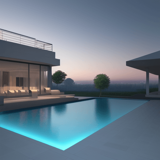 AI generated: please create a Modern pool and landscapes with 3d max that luxury and above tower have light
