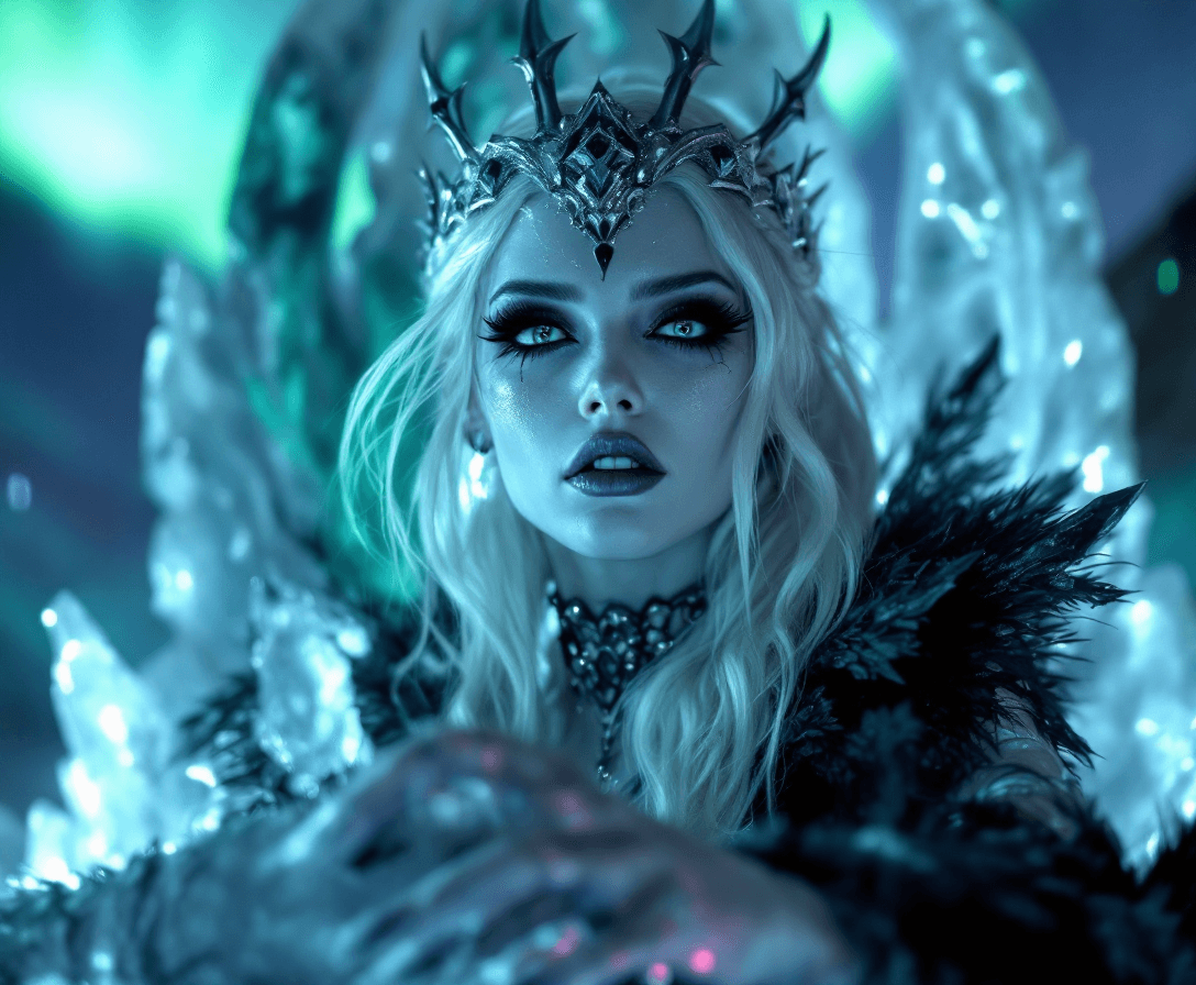 AI generated:  4K, magazine photo shoot quality image of a beautiful 23-year-old platinum blonde ice witch with pi...