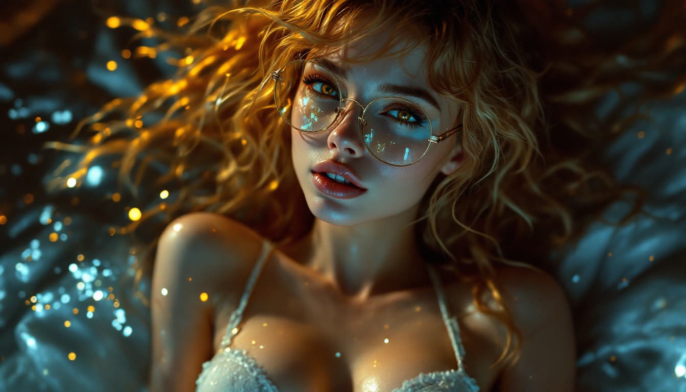AI generated: A glowing skin girl, she has gold skin, golden eyes, wears nerdy glasses, is wearing a white full se...