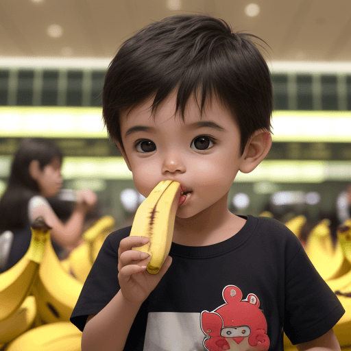 AI generated: a small cute boy eating banana in Changi Airport
