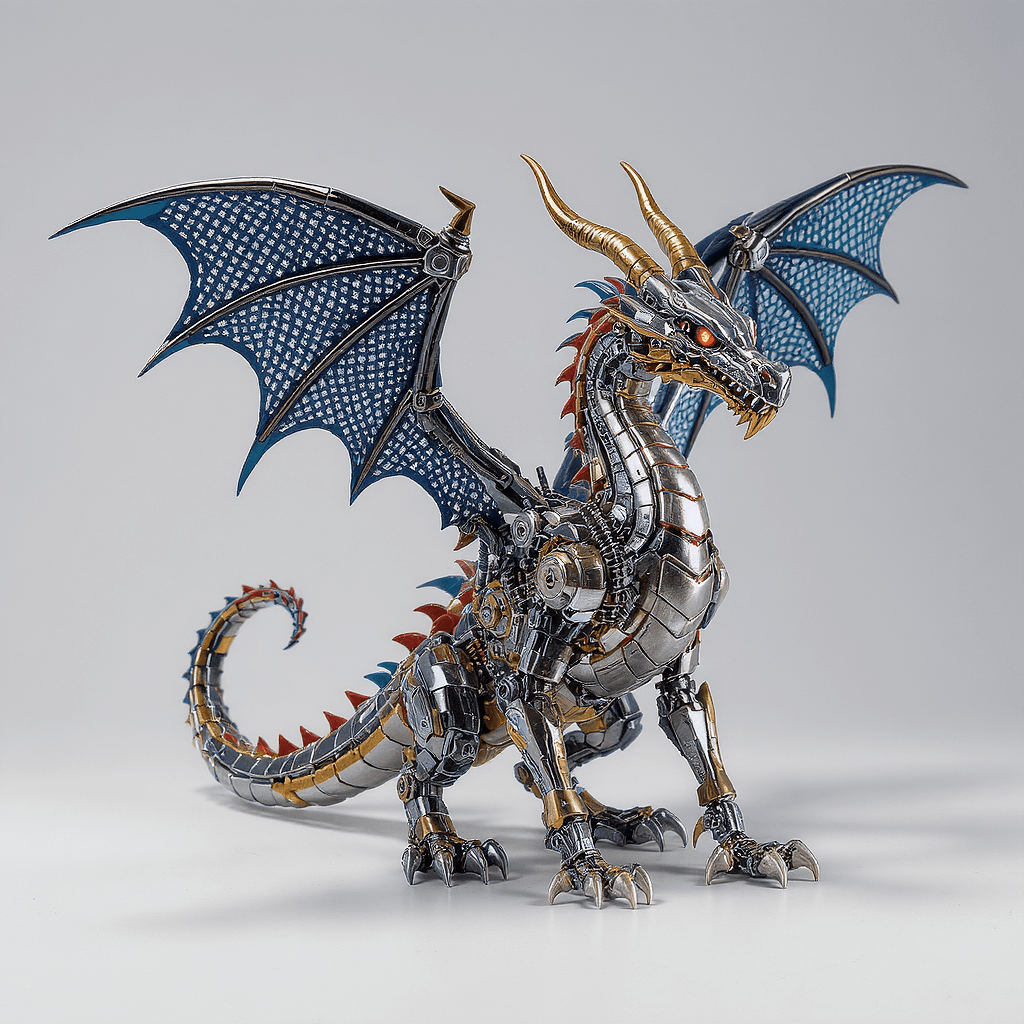 AI generated: Centered image. 400 pixels. A small sculpture of a mechanical dragon with articulated wings, complex...