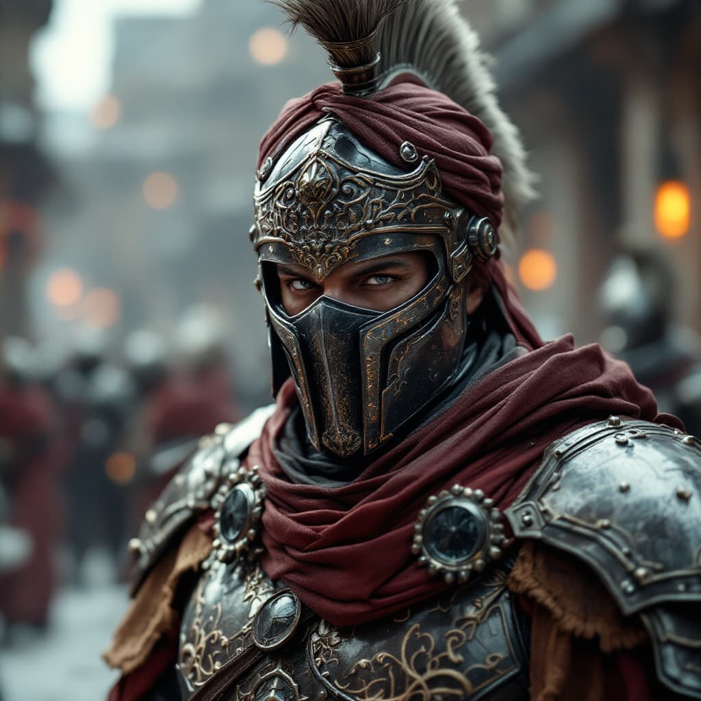 AI generated: Male Legionary warrior in a Futurist battleground, wearing a full battle face mask, helm, and turban...