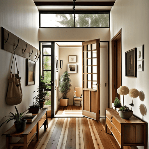 AI generated: high resolution photography interior design, entryway wooden floor, small windows opening onto the g...